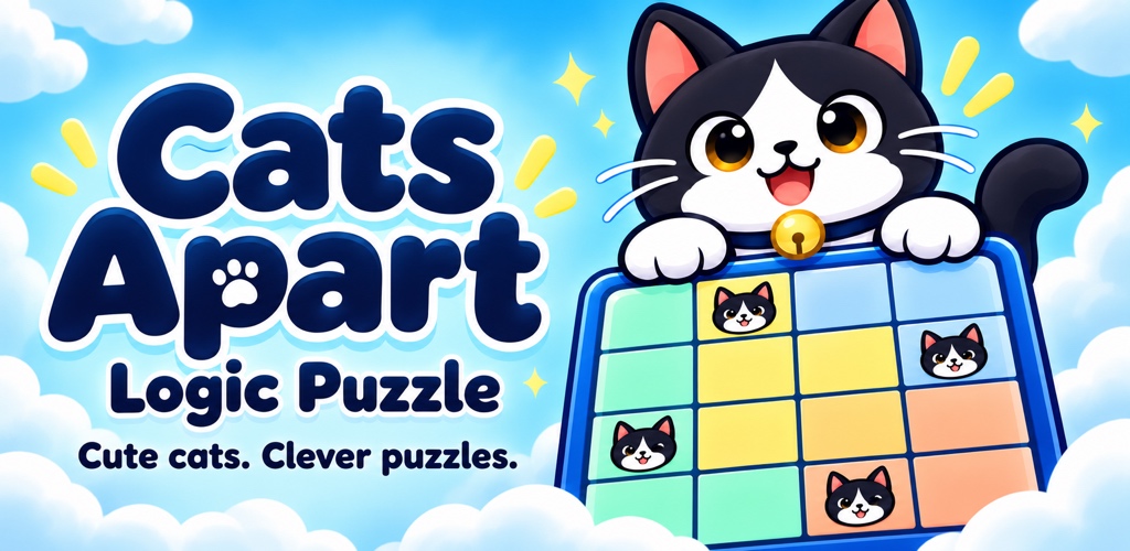 Cats Apart illustrated world with the tuxedo kitten, bright blue sky, and pastel puzzle board