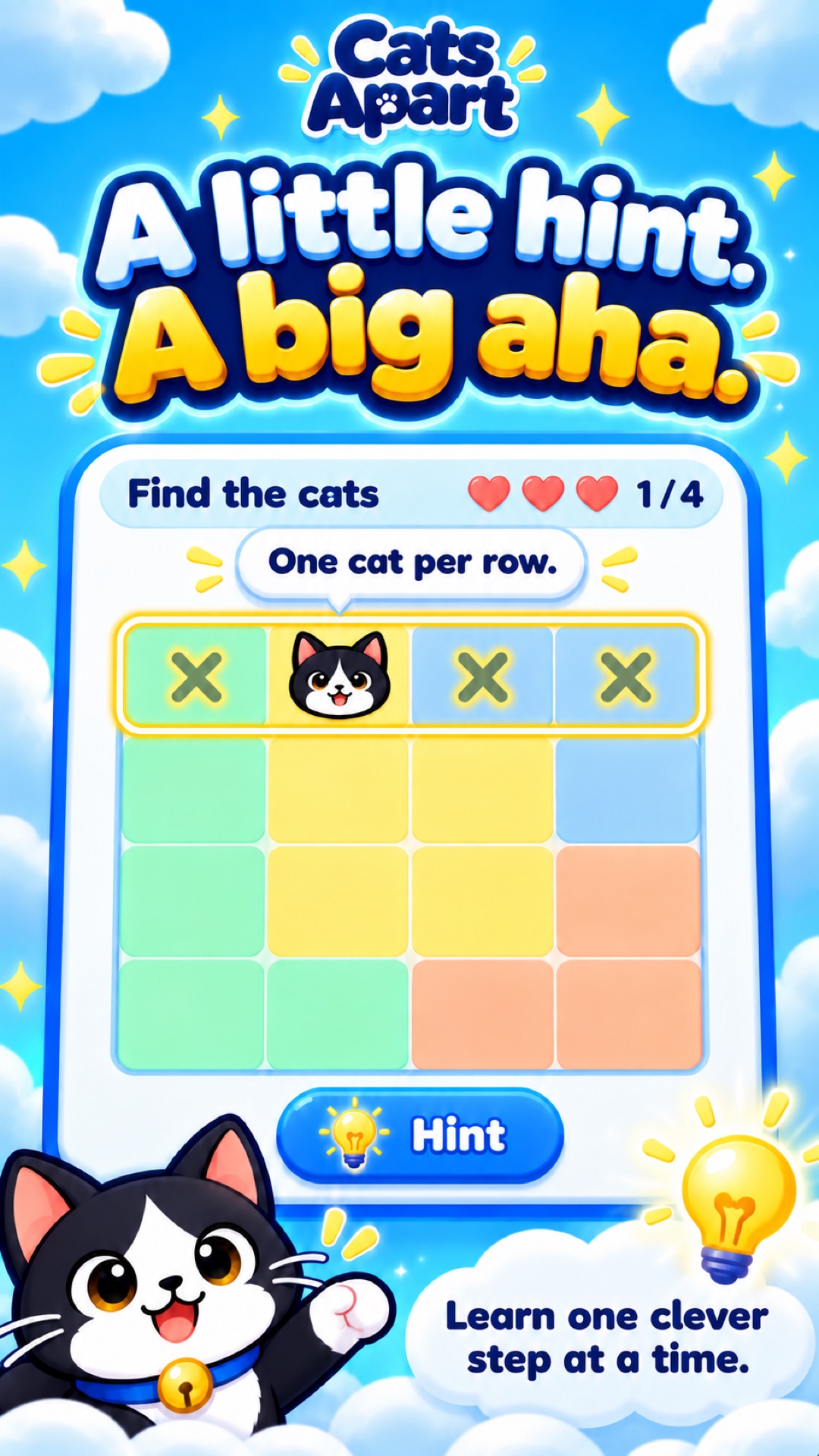 Cats Apart promotional artwork showing a helpful row exclusion hint and three red hearts