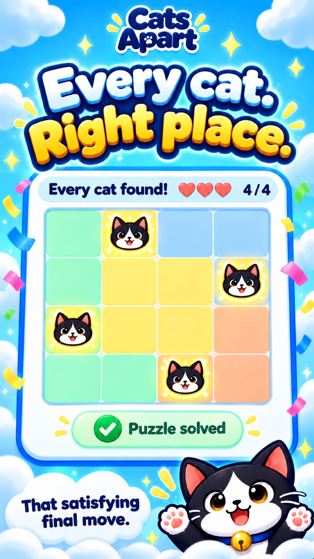 Cats Apart promotional artwork celebrating a completed puzzle with four cats in their correct places